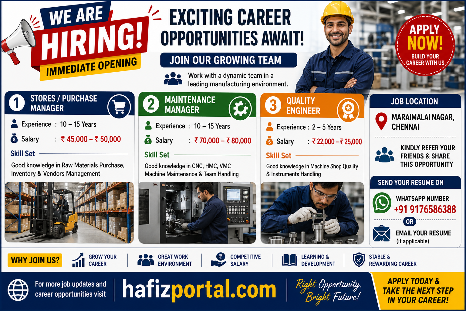 Immediate job openings in Maraimalai Nagar, Chennai for Stores Purchase Manager, Maintenance Manager and Quality Engineer positions with experience and salary details.