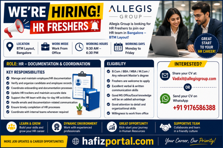 Allegis Group HR Fresher job opening in BTM Layout, Bangalore for HR Documentation and Coordination, with eligibility, responsibilities, working hours and application details.