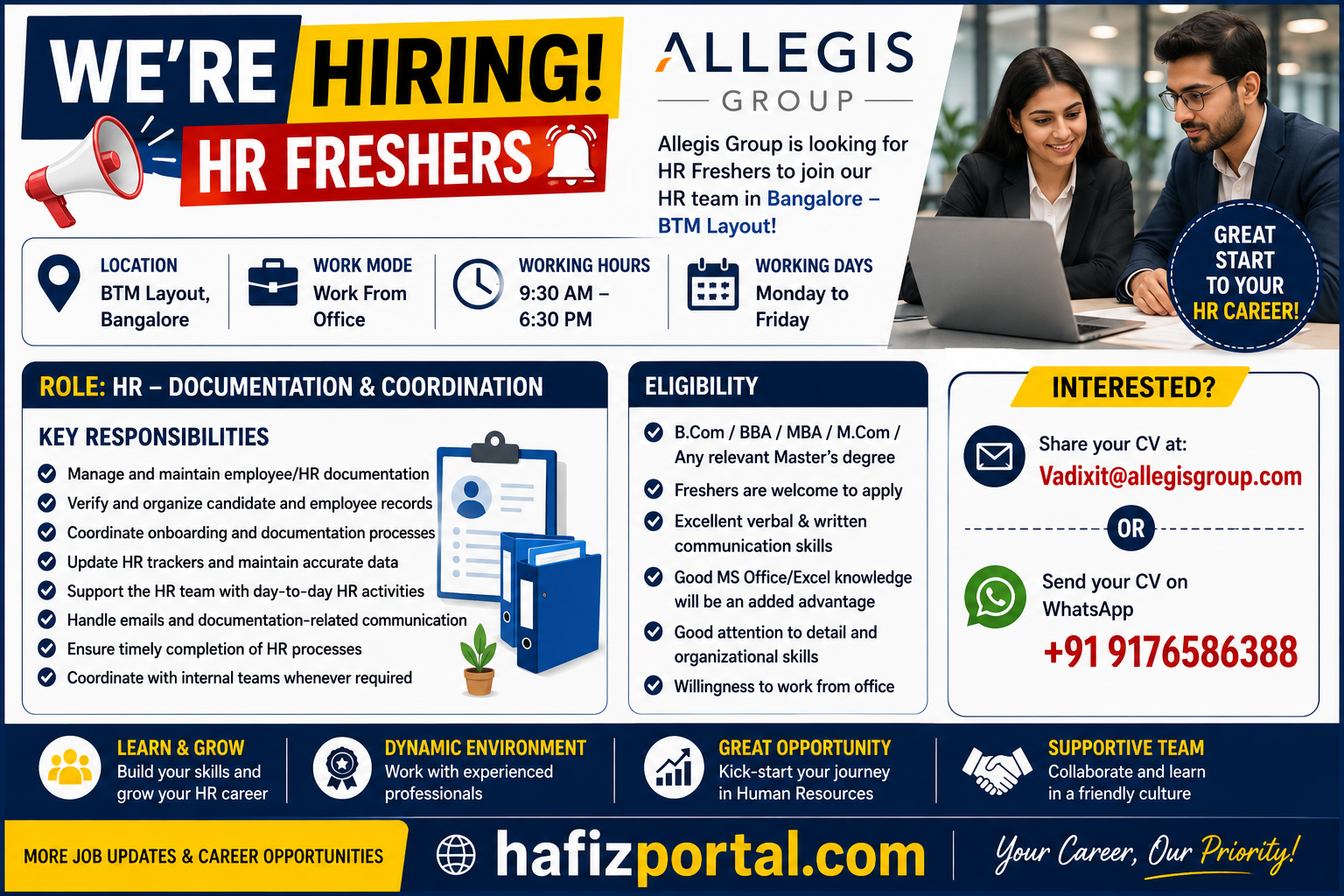 Allegis Group HR Fresher job opening in BTM Layout, Bangalore for HR Documentation and Coordination, with eligibility, responsibilities, working hours and application details.