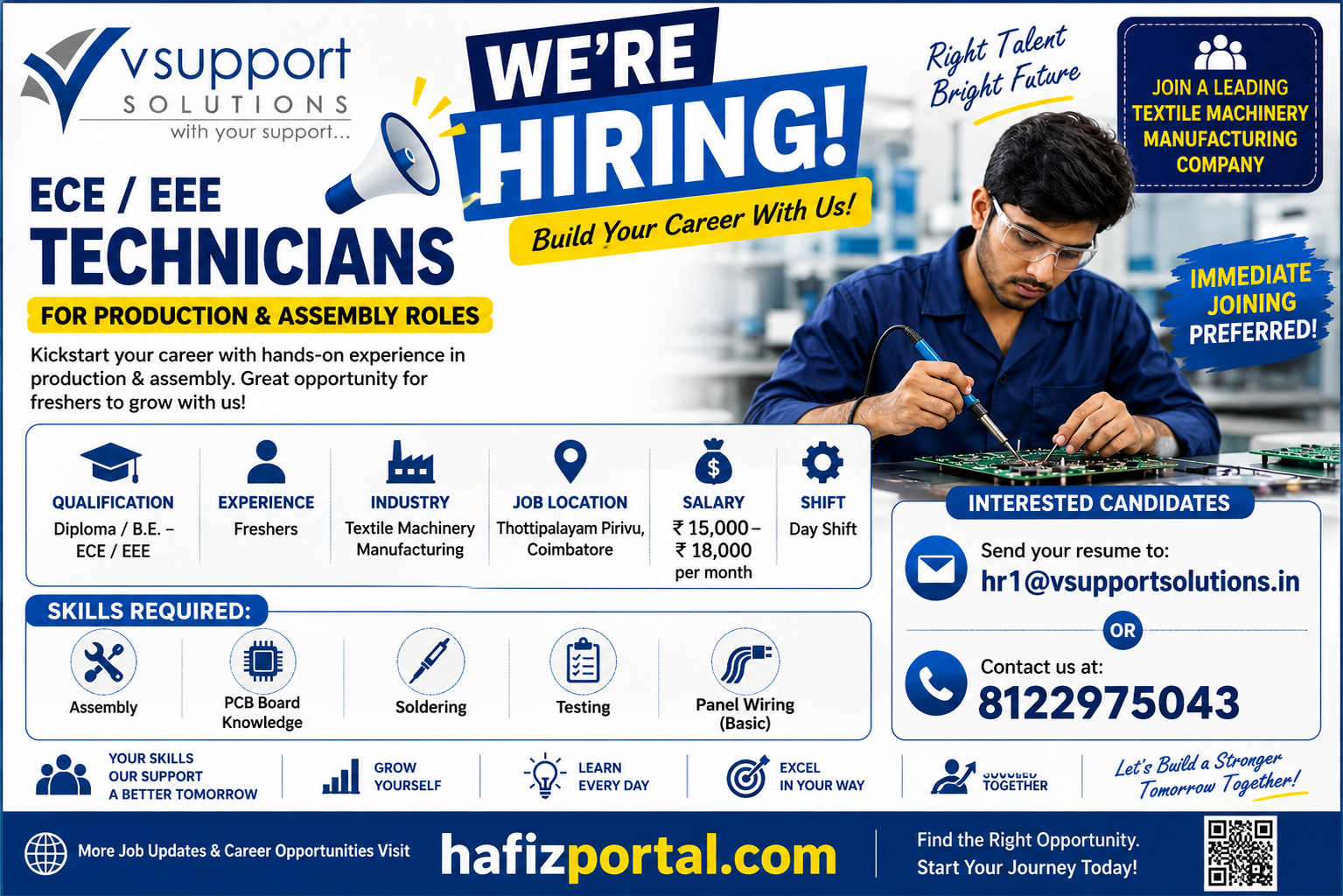 We Are Hiring ECE and EEE Technicians for Production and Assembly roles at Vsupport Solutions in Thottipalayam Pirivu, Coimbatore, with fresher opportunities, salary details, required skills and contact information.