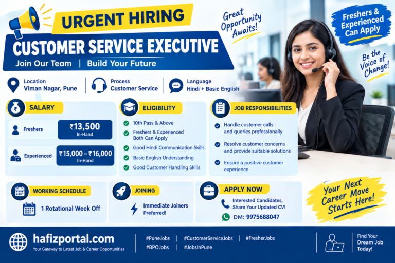 Customer Service Executive job vacancy in Viman Nagar, Pune for freshers and experienced candidates, offering ₹13,500 to ₹16,000 in-hand salary.