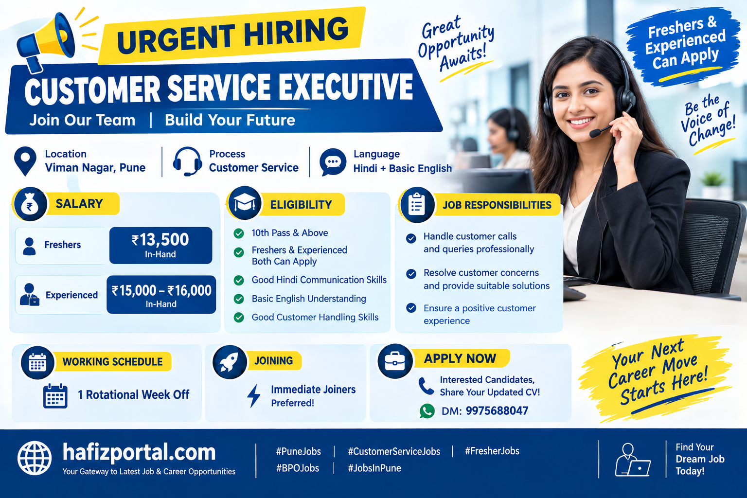 Customer Service Executive job vacancy in Viman Nagar, Pune for freshers and experienced candidates, offering ₹13,500 to ₹16,000 in-hand salary.