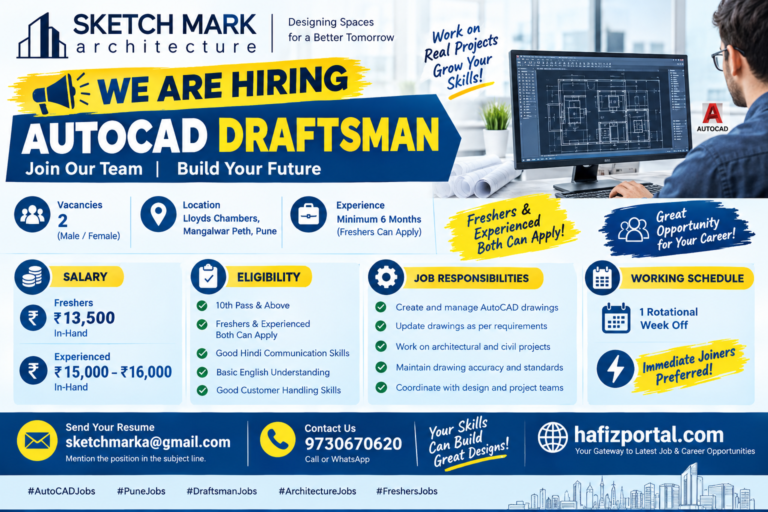 SKETCH MARK Architecture AutoCAD Draftsman job vacancy in Mangalwar Peth, Pune for male and female candidates, with two positions and freshers eligible to apply.