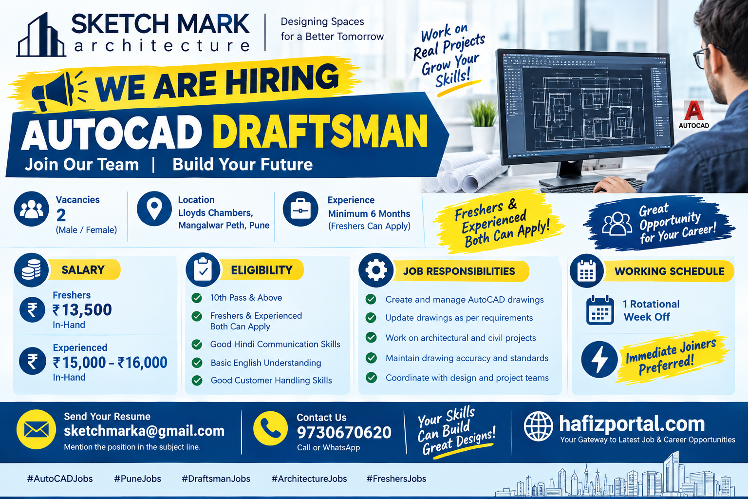 SKETCH MARK Architecture AutoCAD Draftsman job vacancy in Mangalwar Peth, Pune for male and female candidates, with two positions and freshers eligible to apply.