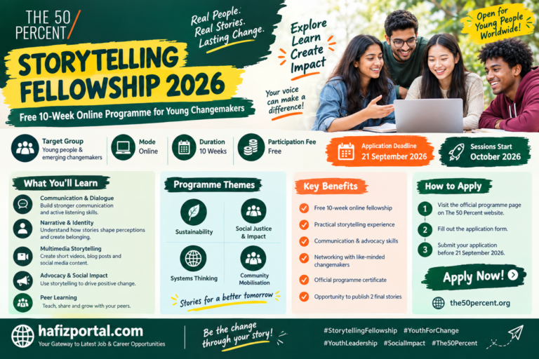 The 50 Percent Storytelling Fellowship 2026 poster for a free 10-week online programme for young changemakers, with a 21 September 2026 application deadline.