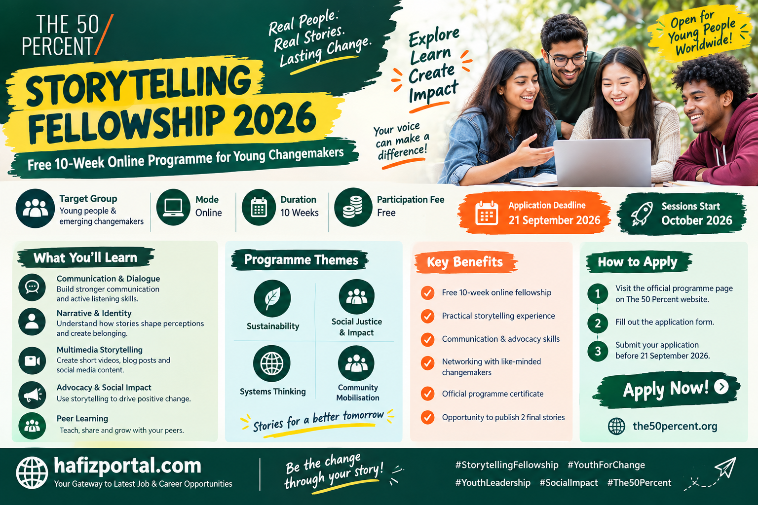 The 50 Percent Storytelling Fellowship 2026 poster for a free 10-week online programme for young changemakers, with a 21 September 2026 application deadline.