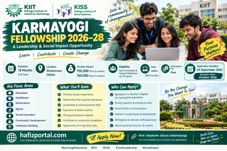 Karmayogi Fellowship 2026–28 at KIIT and KISS in Bhubaneswar, offering an 18-month leadership and social impact fellowship for young graduates and professionals.