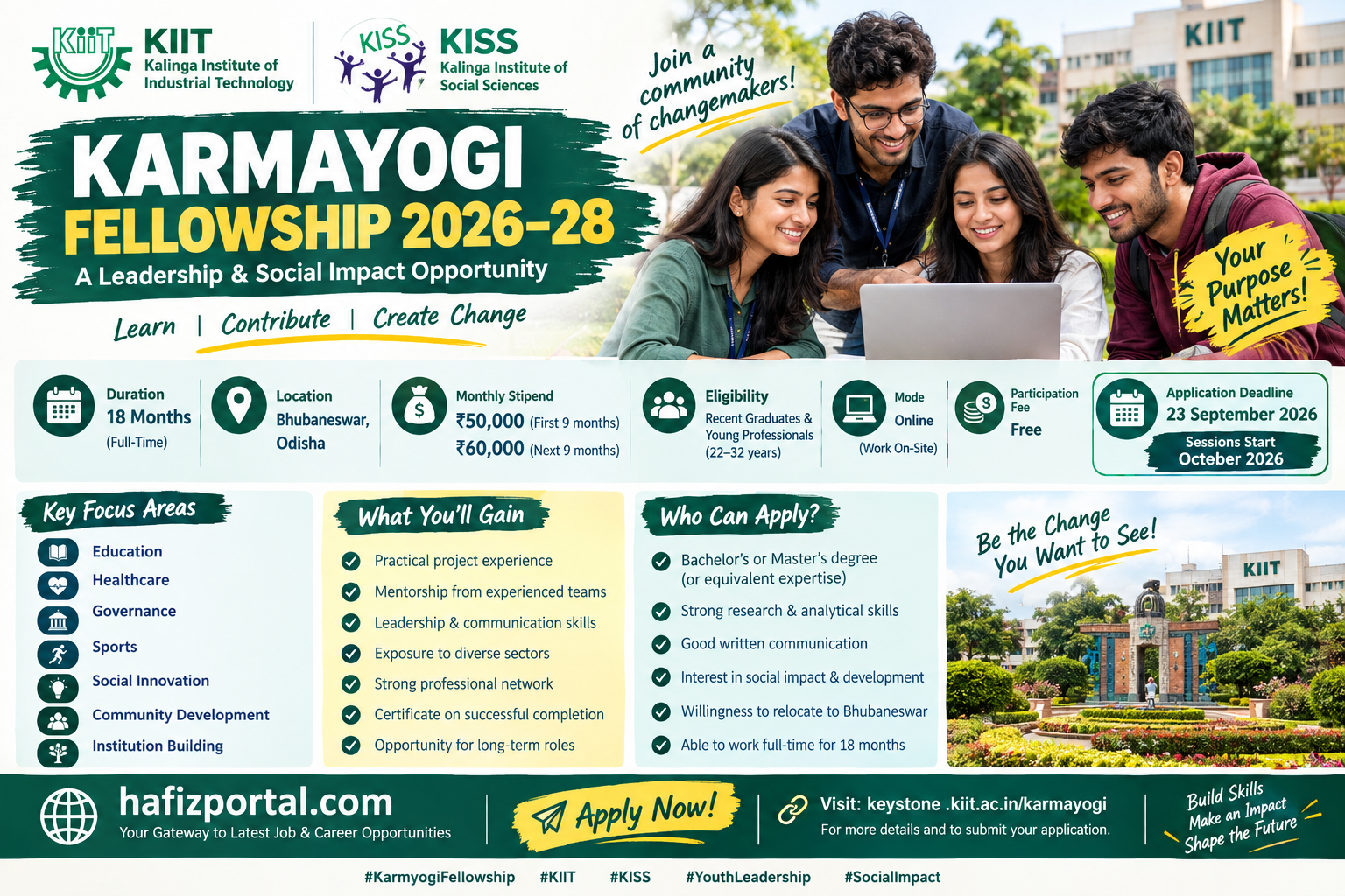 Karmayogi Fellowship 2026–28 at KIIT and KISS in Bhubaneswar, offering an 18-month leadership and social impact fellowship for young graduates and professionals.