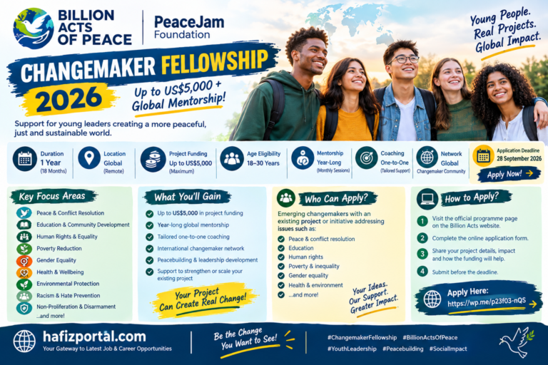 Billion Acts of Peace Changemaker Fellowship 2026 for young leaders aged 18–30, offering up to US$5,000 in project funding, global mentorship and one-to-one coaching.