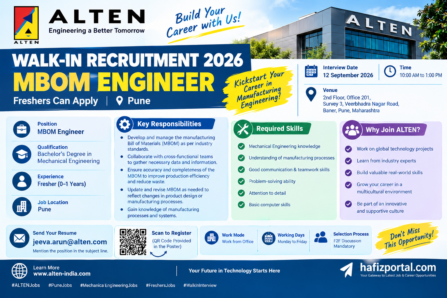 ALTEN India Walk-In Recruitment 2026 for MBOM Engineer in Pune for freshers with a Bachelor’s degree in Mechanical Engineering.