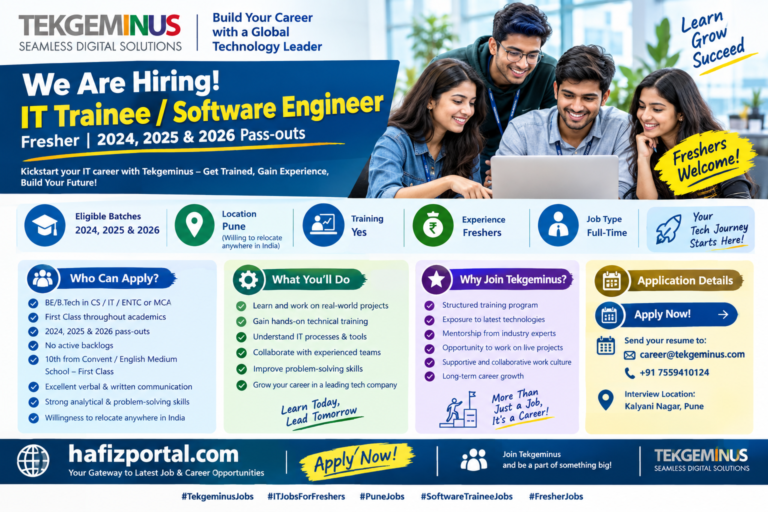 Tekgeminus IT Trainee and Software Engineer recruitment 2026 for freshers from 2024, 2025 and 2026 batches in Pune.