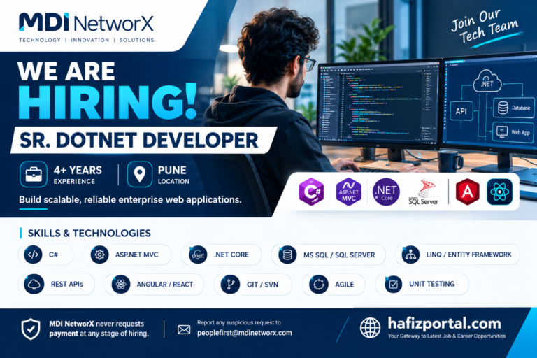 MDI NetworX Sr. DotNet Developer recruitment in Pune for professionals with 4+ years of experience in C#, ASP.NET MVC, .NET Core and SQL Server.