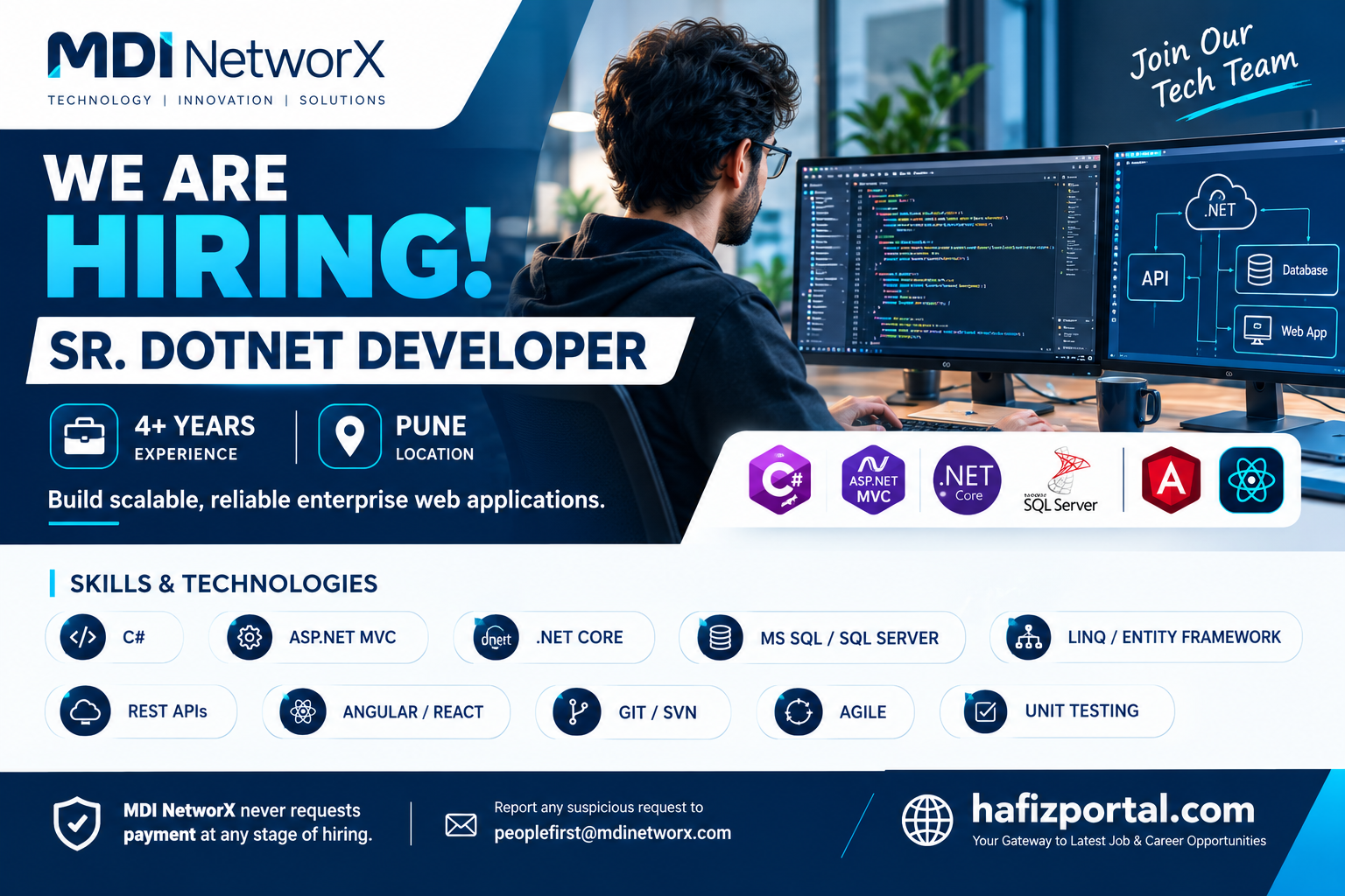 MDI NetworX Sr. DotNet Developer recruitment in Pune for professionals with 4+ years of experience in C#, ASP.NET MVC, .NET Core and SQL Server.