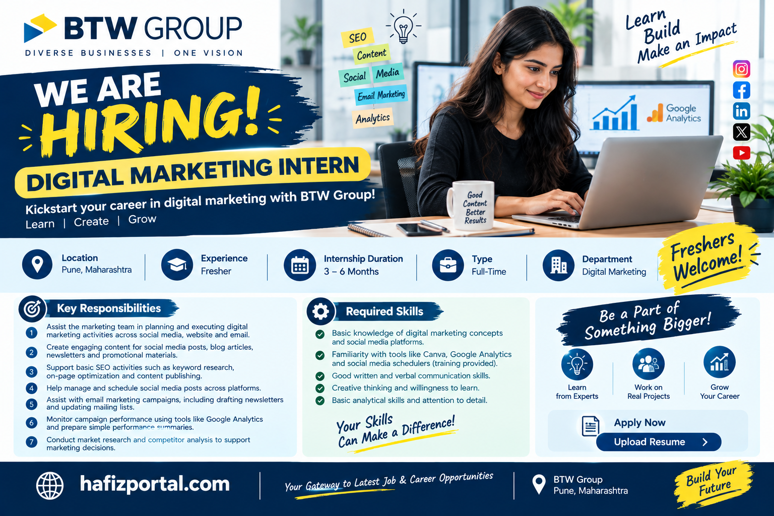 BTW Group Digital Marketing Intern recruitment in Pune for freshers, featuring a 3–6 month full-time internship in SEO, social media, content creation, email marketing and analytics.