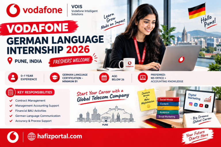 Vodafone German Language Internship 2026 in Pune for freshers with B1 German certification, 0–1 year experience and knowledge of MS Office and accounting.