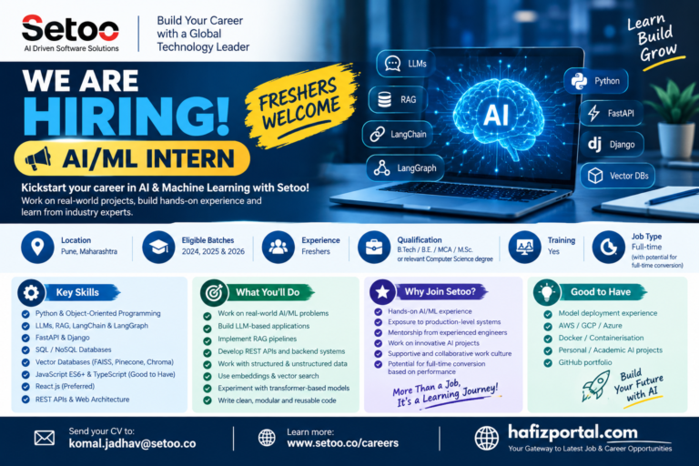 Setoo AI/ML Intern Recruitment 2026 for freshers in Pune featuring Python, LLMs, RAG, LangChain, FastAPI, vector databases and AI application development.