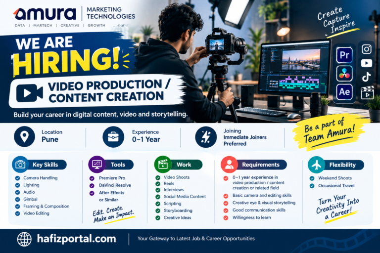 Amura Marketing Technologies Video Production and Content Creation recruitment in Pune for candidates with 0–1 year experience and immediate joiners preferred.