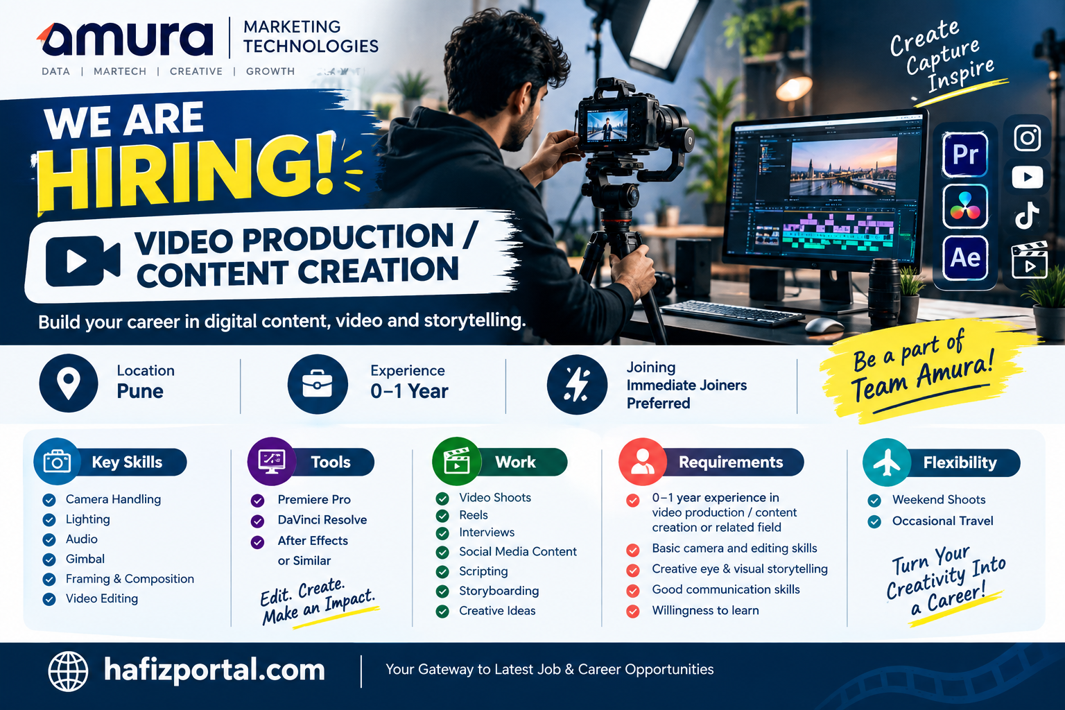 Amura Marketing Technologies Video Production and Content Creation recruitment in Pune for candidates with 0–1 year experience and immediate joiners preferred.