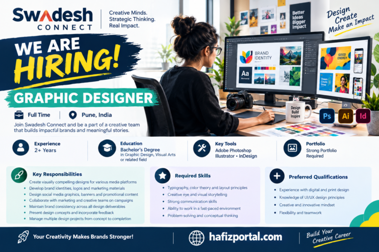 Swadesh Connect Graphic Designer recruitment in Pune for candidates with 2+ years of experience, Adobe Creative Suite skills and a strong design portfolio.