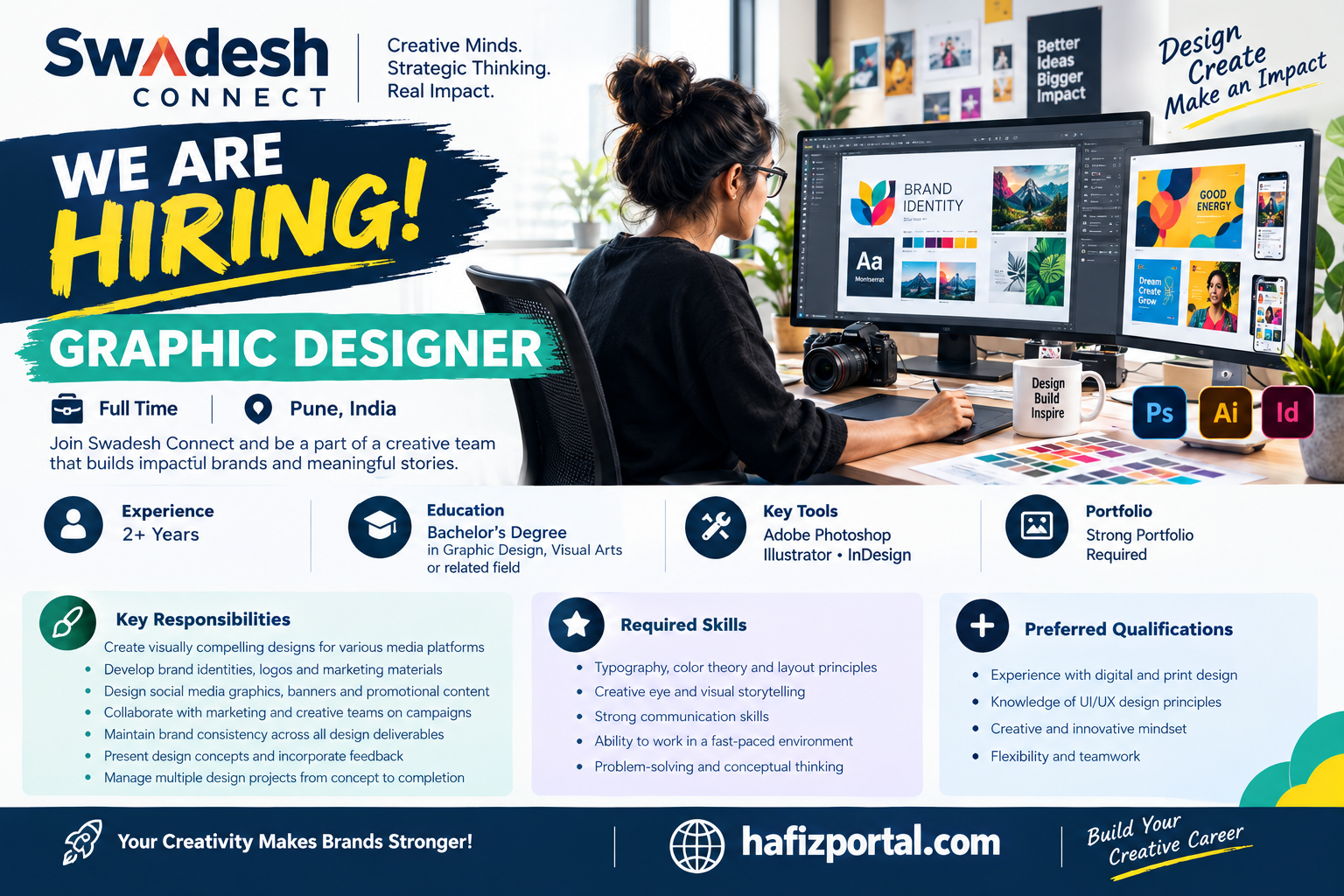 Swadesh Connect Graphic Designer recruitment in Pune for candidates with 2+ years of experience, Adobe Creative Suite skills and a strong design portfolio.