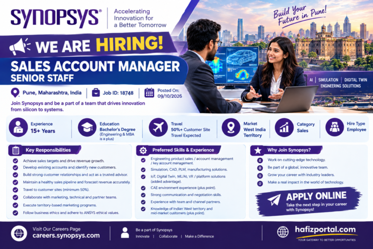 Synopsys Sales Account Manager Senior Staff recruitment 2026 in Pune for professionals with 15+ years of experience in engineering product sales and account management.