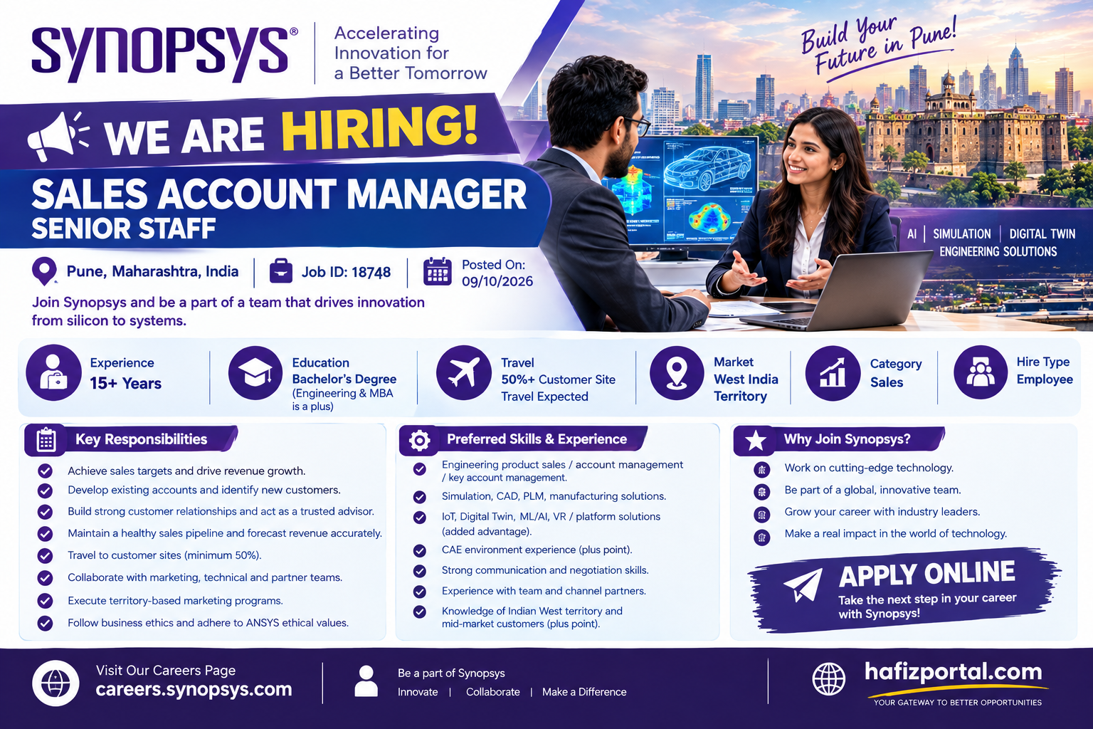 Synopsys Sales Account Manager Senior Staff recruitment 2026 in Pune for professionals with 15+ years of experience in engineering product sales and account management.