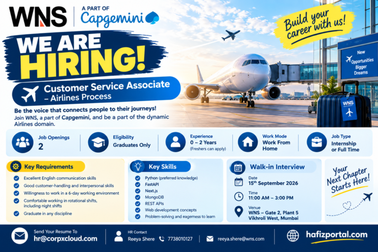 WNS Customer Service Associate recruitment 2026 in Vikhroli West, Mumbai for graduates, featuring the Airlines Process, walk-in interview and rotational shift requirements.