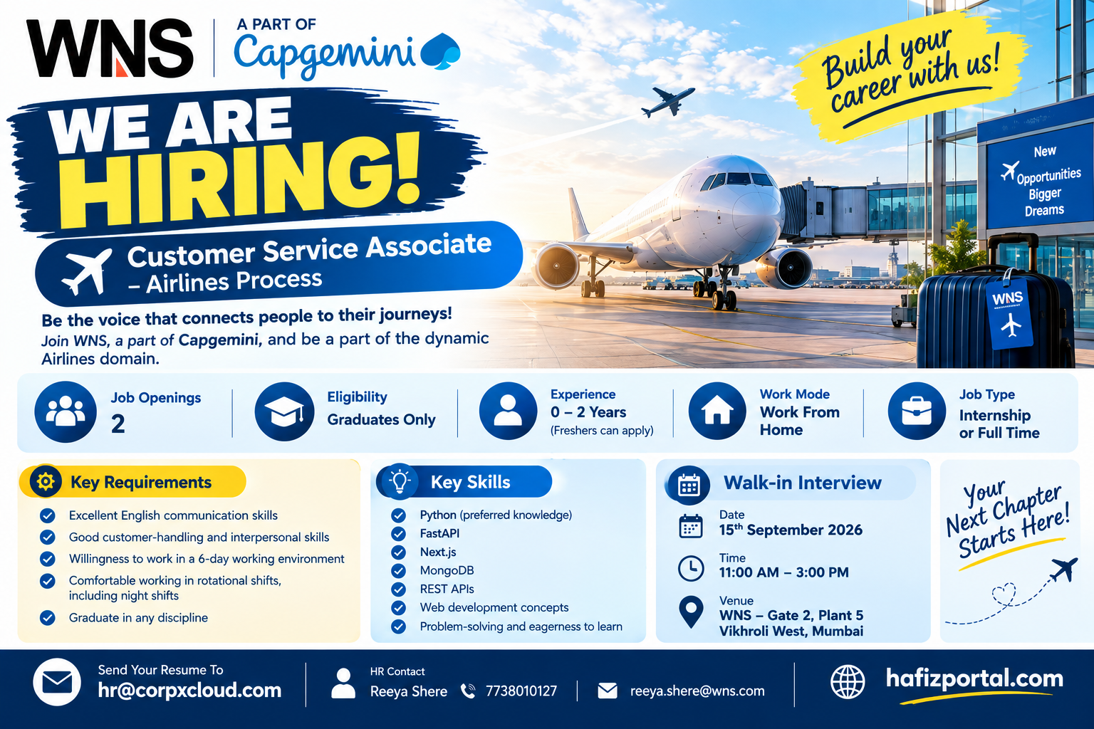 WNS Customer Service Associate recruitment 2026 in Vikhroli West, Mumbai for graduates, featuring the Airlines Process, walk-in interview and rotational shift requirements.