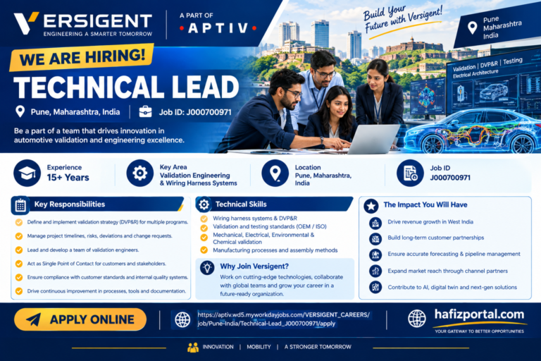 Versigent Technical Lead recruitment 2026 in Pune for experienced professionals in automotive validation engineering, wiring harness systems, DVP&R, testing, team leadership and customer management.