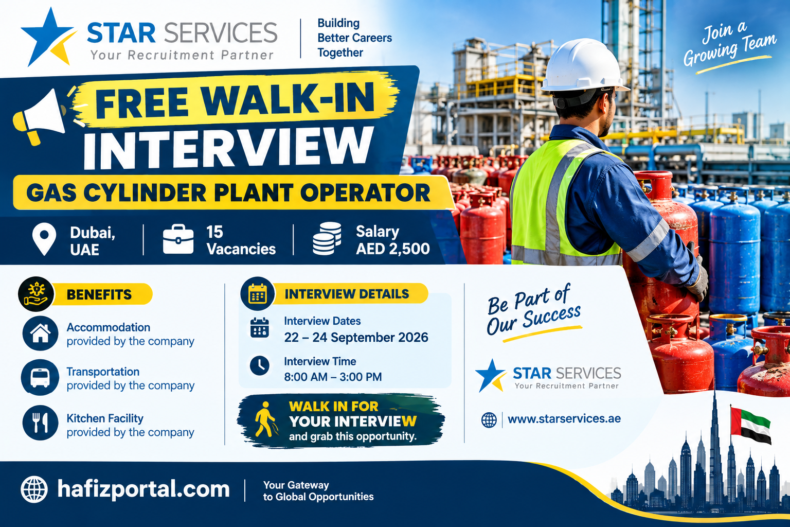 STAR SERVICES Gas Cylinder Plant Operator recruitment 2026 in Dubai with 15 vacancies, AED 2,500 salary, accommodation, transportation and kitchen facility.