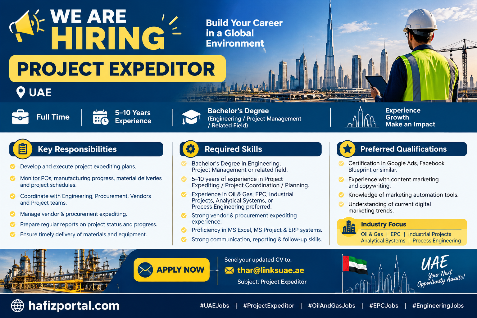 Project Expeditor job vacancy in the UAE for candidates with 5–10 years of experience, a Bachelor's degree and expertise in vendor coordination, procurement expediting and project planning.