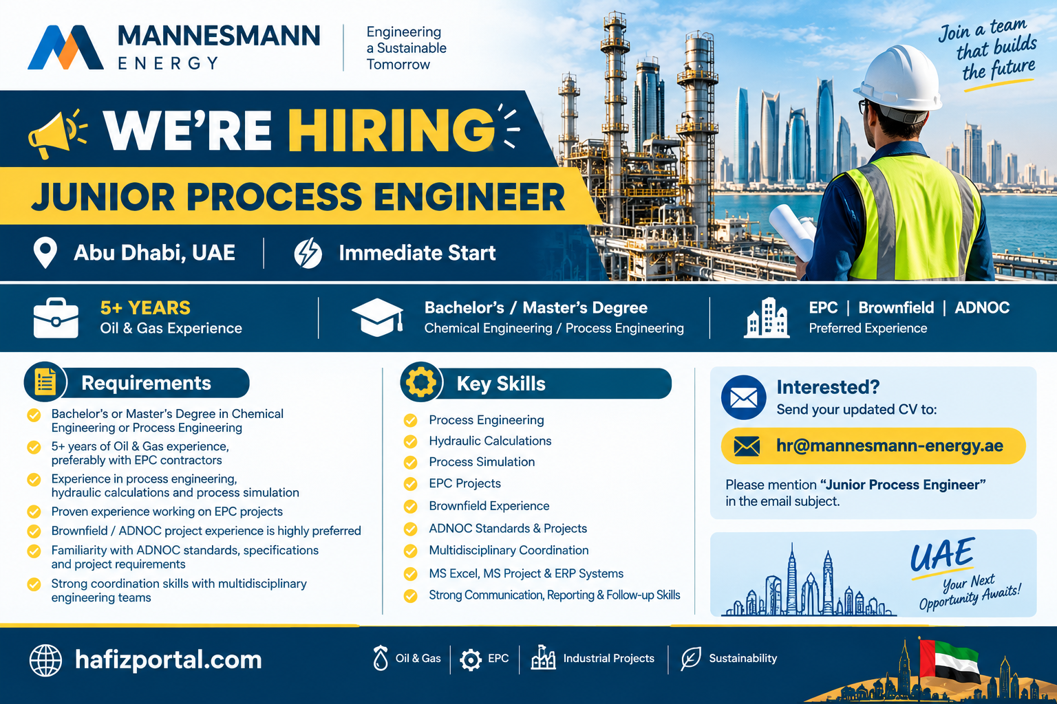 Mannesmann Energy Junior Process Engineer recruitment 2026 in Abu Dhabi, UAE, for candidates with 5+ years of Oil and Gas experience, Chemical or Process Engineering qualifications, and EPC, brownfield or ADNOC project experience.