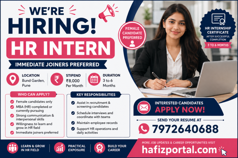 HR Intern recruitment poster for immediate joiners in Bund Garden, Pune, featuring a monthly stipend of ₹8,000, a 3 to 6-month internship duration, an HR Internship Certificate, and application contact number 7972640688.