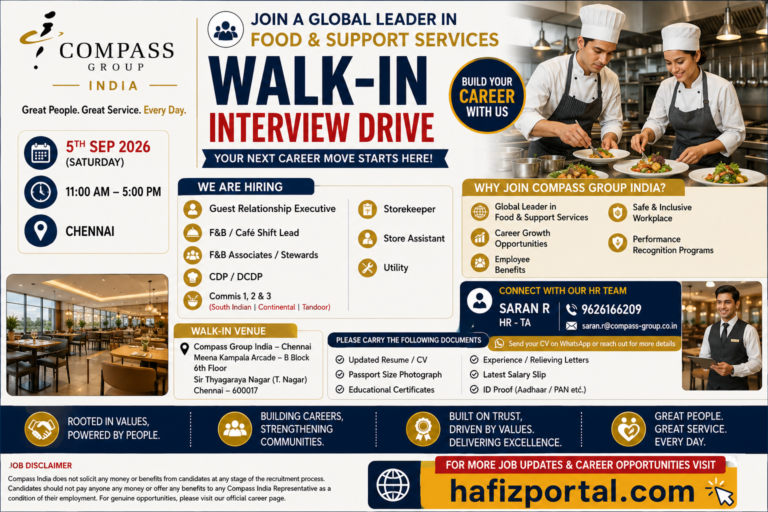 Compass Group India walk-in interview recruitment poster for multiple food and support services job openings in Chennai, featuring positions such as Guest Relationship Executive, F&B Associate, Chef roles, Storekeeper, Store Assistant, and Utility, with the website hafizportal.com.