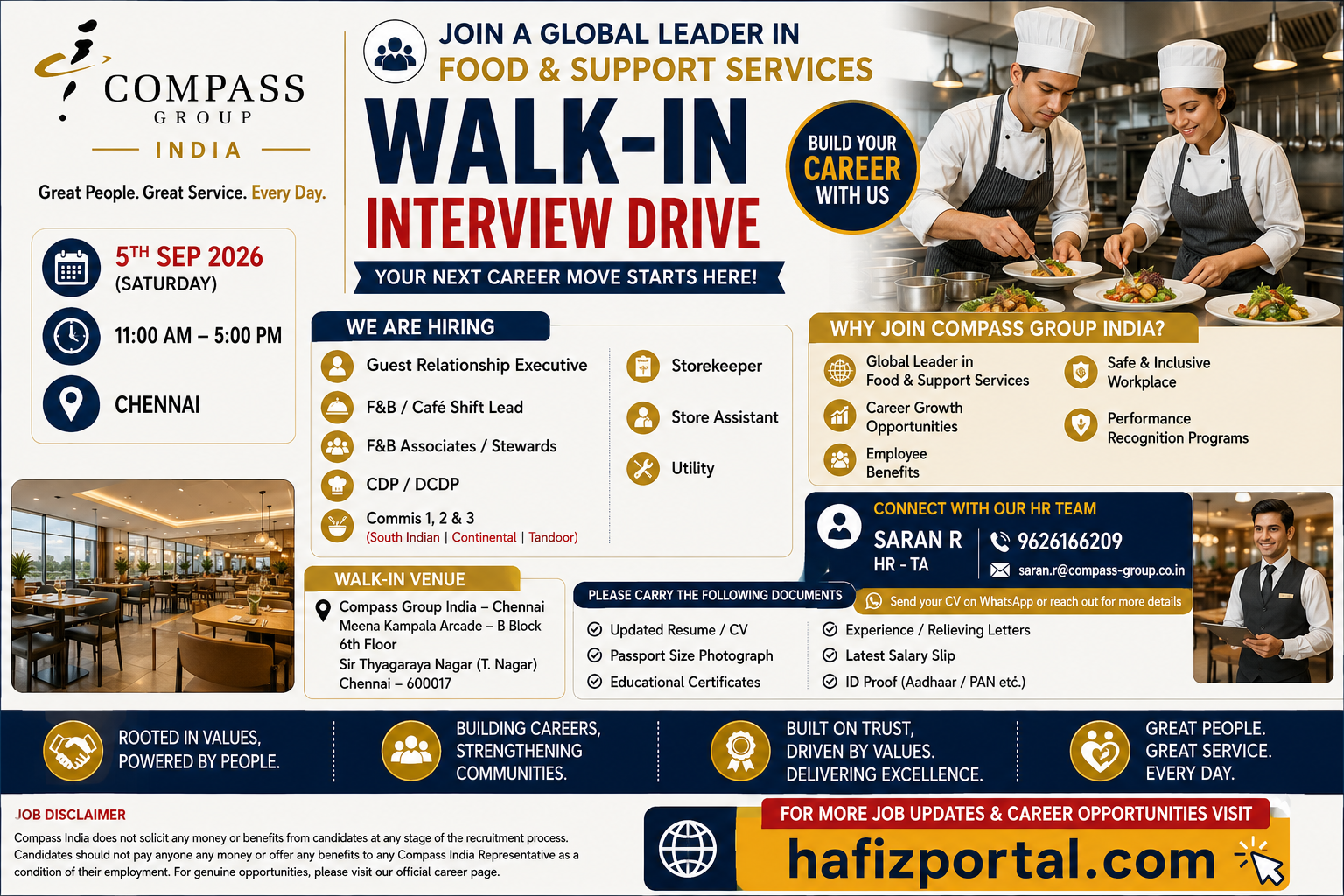 Compass Group India walk-in interview recruitment poster for multiple food and support services job openings in Chennai, featuring positions such as Guest Relationship Executive, F&B Associate, Chef roles, Storekeeper, Store Assistant, and Utility, with the website hafizportal.com.