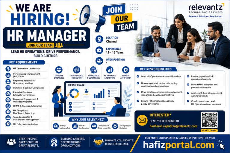 HR Manager job vacancy in Chennai for candidates with 12–15 years of experience, highlighting HR operations, performance management, compliance, HR analytics, and team leadership.