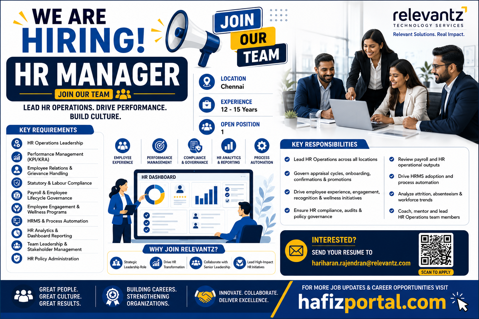 HR Manager job vacancy in Chennai for candidates with 12–15 years of experience, highlighting HR operations, performance management, compliance, HR analytics, and team leadership.