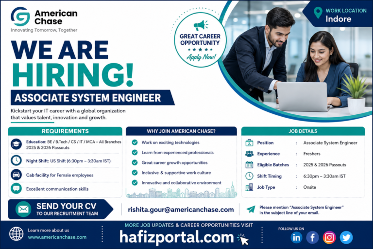 American Chase Associate System Engineer hiring in Indore for freshers with BE, B.Tech, CS, IT and MCA qualifications.