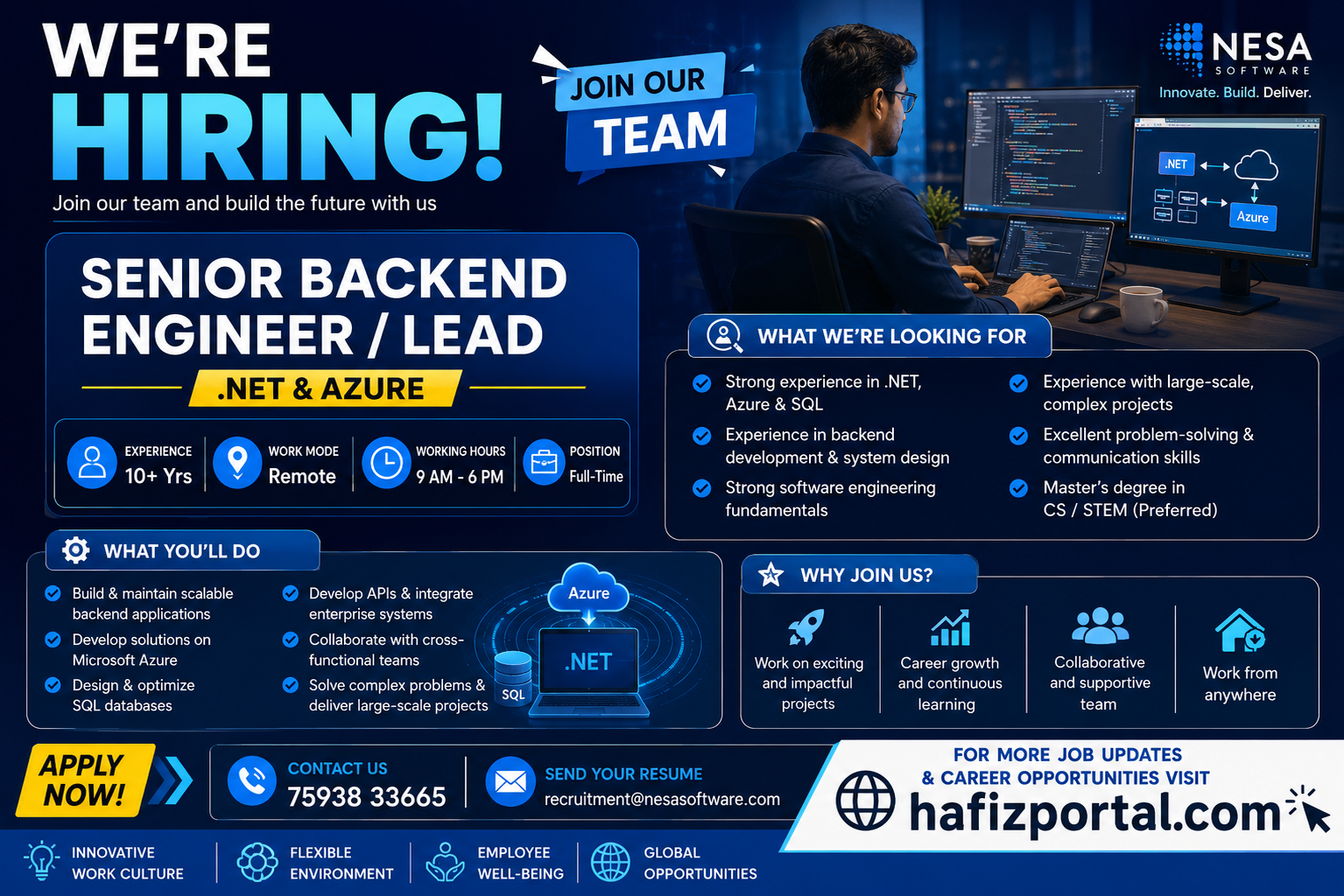 Senior Backend Engineer Lead (.NET & Azure) remote job opening with 10+ years of experience