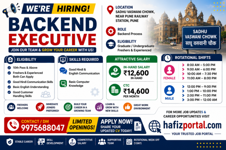 Backend Executive Jobs in Pune for Freshers and Experienced Candidates with Salary ₹12,600 In-Hand