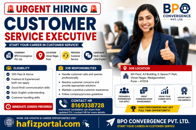 Urgent hiring for Customer Service Executive at BPO Convergence Pvt. Ltd. in Viman Nagar, Pune for freshers and experienced candidates