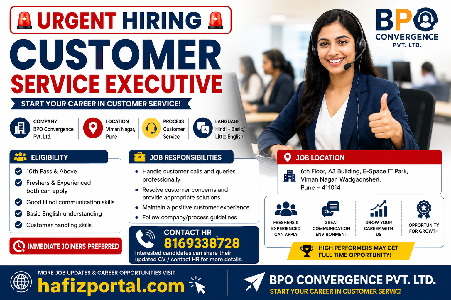 Urgent hiring for Customer Service Executive at BPO Convergence Pvt. Ltd. in Viman Nagar, Pune for freshers and experienced candidates
