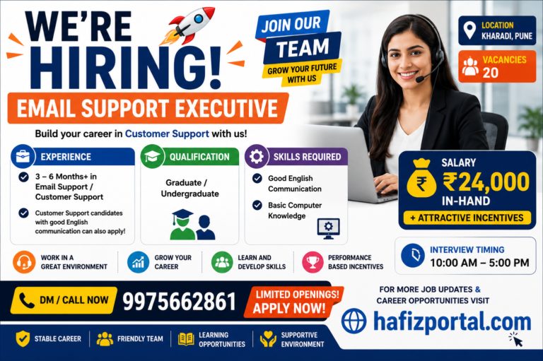 Email Support Executive hiring in Kharadi Pune with 20 vacancies, ₹24,000 in-hand salary and attractive incentives