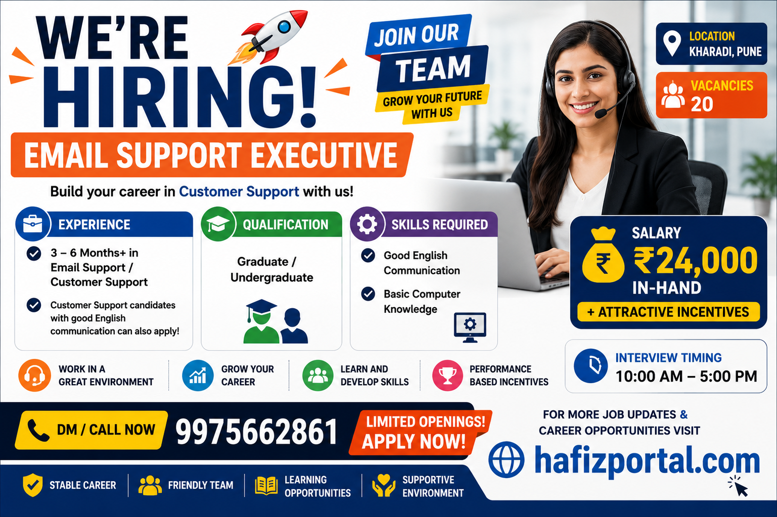 Email Support Executive hiring in Kharadi Pune with 20 vacancies, ₹24,000 in-hand salary and attractive incentives