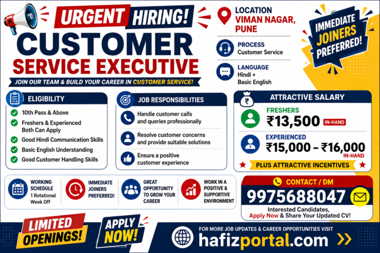 Urgent Customer Service Executive Hiring in Viman Nagar Pune with salary up to ₹16,000 for freshers and experienced candidates