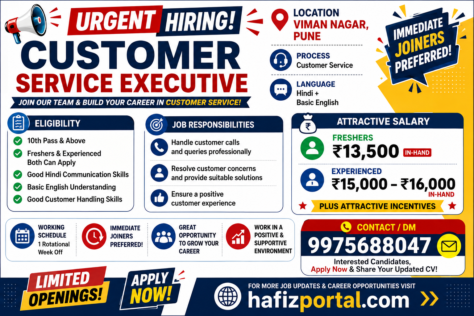 Urgent Customer Service Executive Hiring in Viman Nagar Pune with salary up to ₹16,000 for freshers and experienced candidates