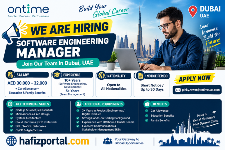 Software Engineering Manager hiring in Dubai, UAE with salary of AED 30,000–32,000 plus car allowance and education and family benefits.