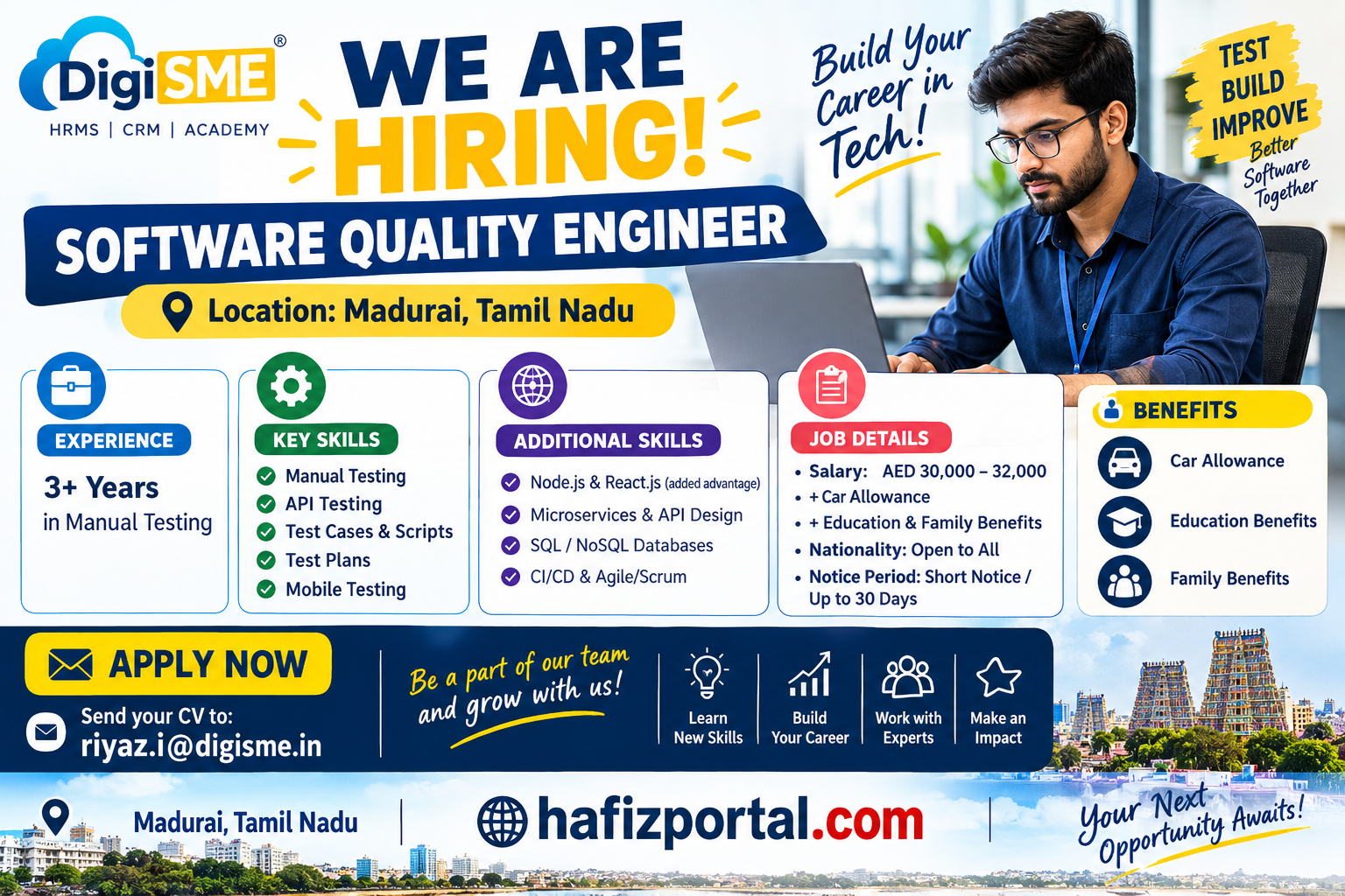 Software Quality Engineer hiring poster for DigiSME in Madurai, Tamil Nadu, featuring job requirements, technical skills, salary and application details.