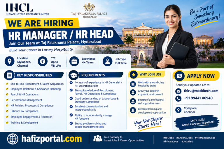 HR Manager / HR Head job opening in Mylapore, Chennai with up to ₹8 LPA salary and 4+ years of experience required.