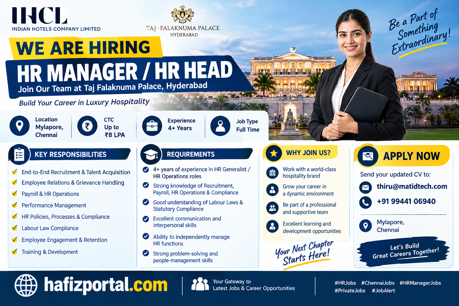 HR Manager / HR Head job opening in Mylapore, Chennai with up to ₹8 LPA salary and 4+ years of experience required.